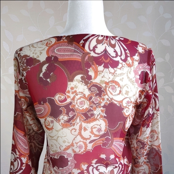 Vintage 90s Silk Retro Paisley Print Sheer Lace Up Tunic Top Red Orange XS - Picture 11 of 16